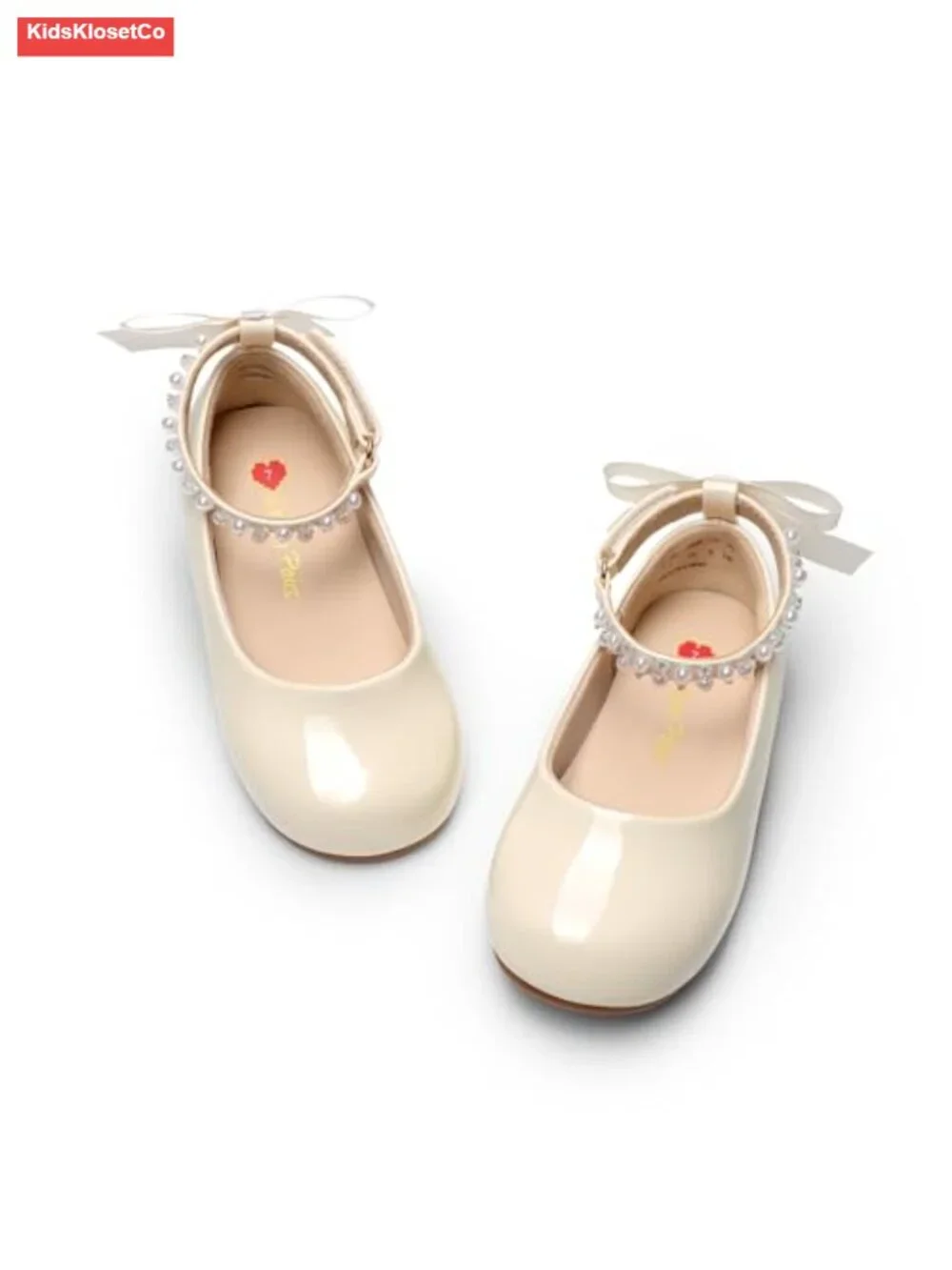 Toddler Girls Mary Jane Ballet Flat Shoes with Pearl Ankle Strap & Satin Bow